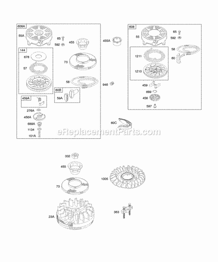 Flywheel Rewind Starter Diagram and Parts List for 12J802-0861-01  Briggs and Stratton Engine